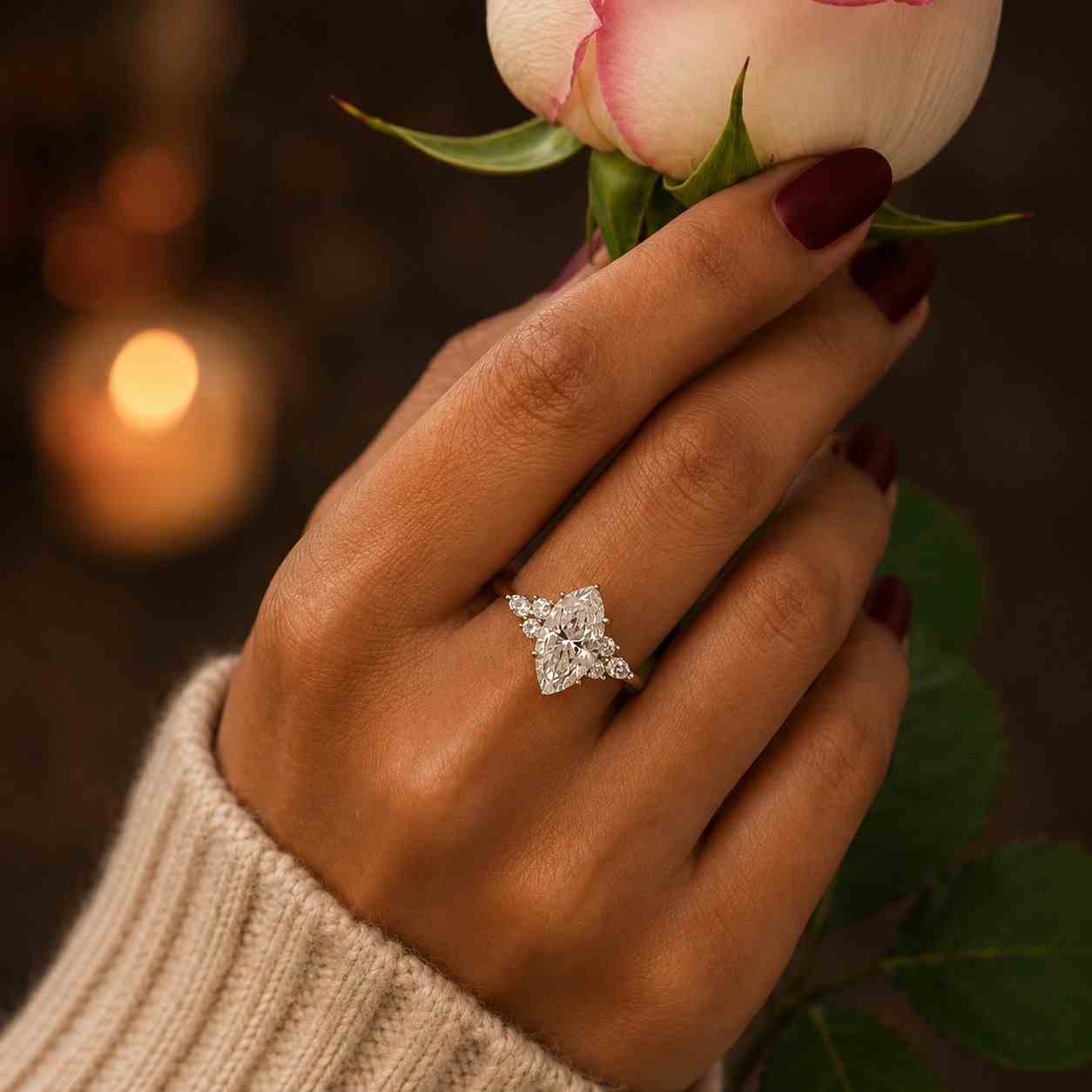 Marquise Engagement Ring, 3 CT Marquise Cut Moissanite Ring, 14K Gold Marquise & Round Accent Ring, Six-Prong Marquise Solitaire Ring.
