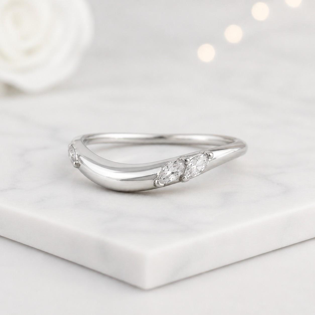 Marquise Moissanite Curved Ring, Lab Grown Diamond Minimalist Band, Gold Contour Wedding Ring, Delicate Stacking Ring, Anniversary Gift
