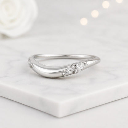 Marquise Moissanite Curved Ring, Lab Grown Diamond Minimalist Band, Gold Contour Wedding Ring, Delicate Stacking Ring, Anniversary Gift

