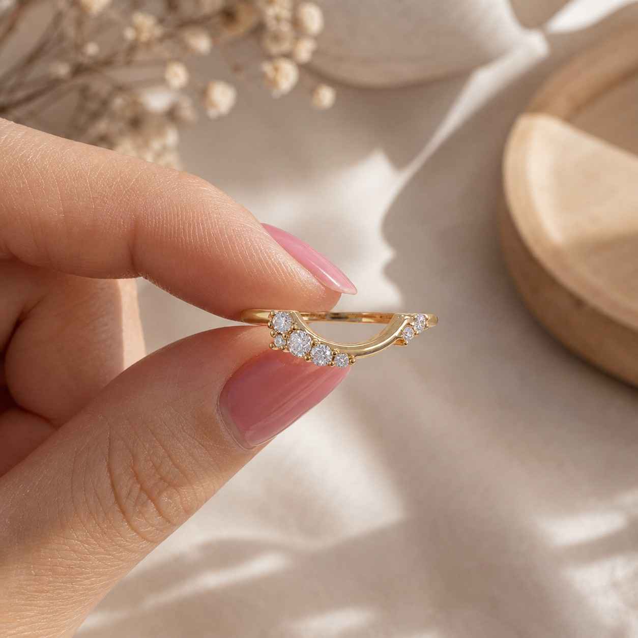 minimalist curved moissanite wedding band: 14k gold contour stacking band
