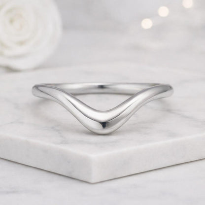 Minimalist Plain Curved Wedding Band Curved White Gold Band V Shaped Ring
