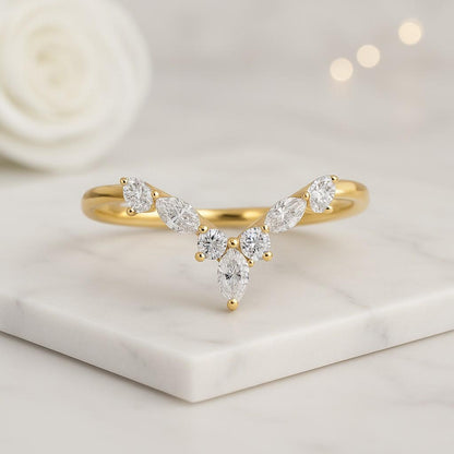 Moissanite Chevron Ring 14K Gold V Shape Wedding band Curved Moissanite Band Curved Gold Ring, Gift V Shape Band