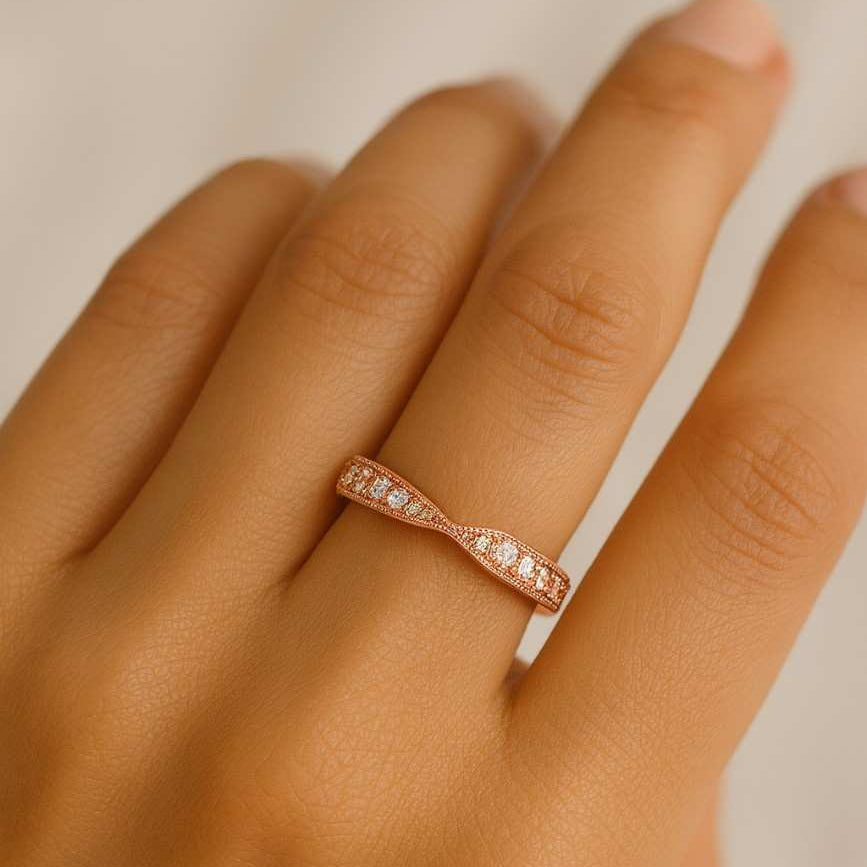 Moissanite Diamond Curved wedding band Vintage Chevron stacking ring Solid 14K rose gold band Antique promise anniversary matching band ring
