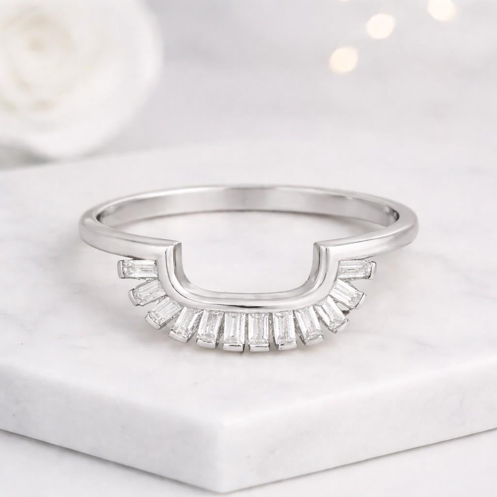 moissanite square curved wedding band, solid 14k gold ring enhancer for women, nesting half band for emerald cut engagement, stackable ring
