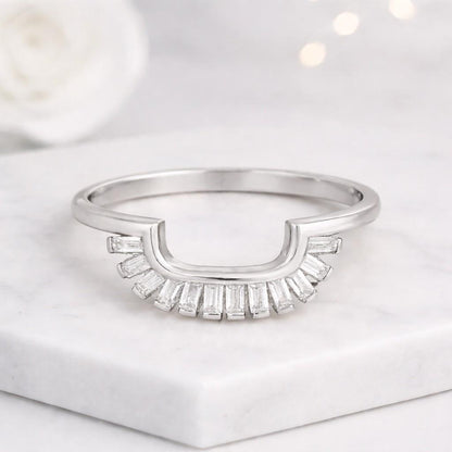 Moissanite Square Curved Wedding Band, Solid 14k Gold Ring Enhancer for Women, Nesting Half Band for Emerald Cut Engagement, Stackable Ring
