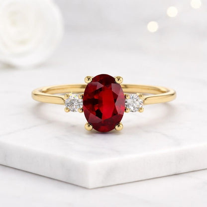 Natural Ruby Oval Cut Ring, Three Stone Oval Engagement Ring, Ruby/Diamond Ring, July Birthstone Ring, Minimalist Gold/Platinum Ring for Her
