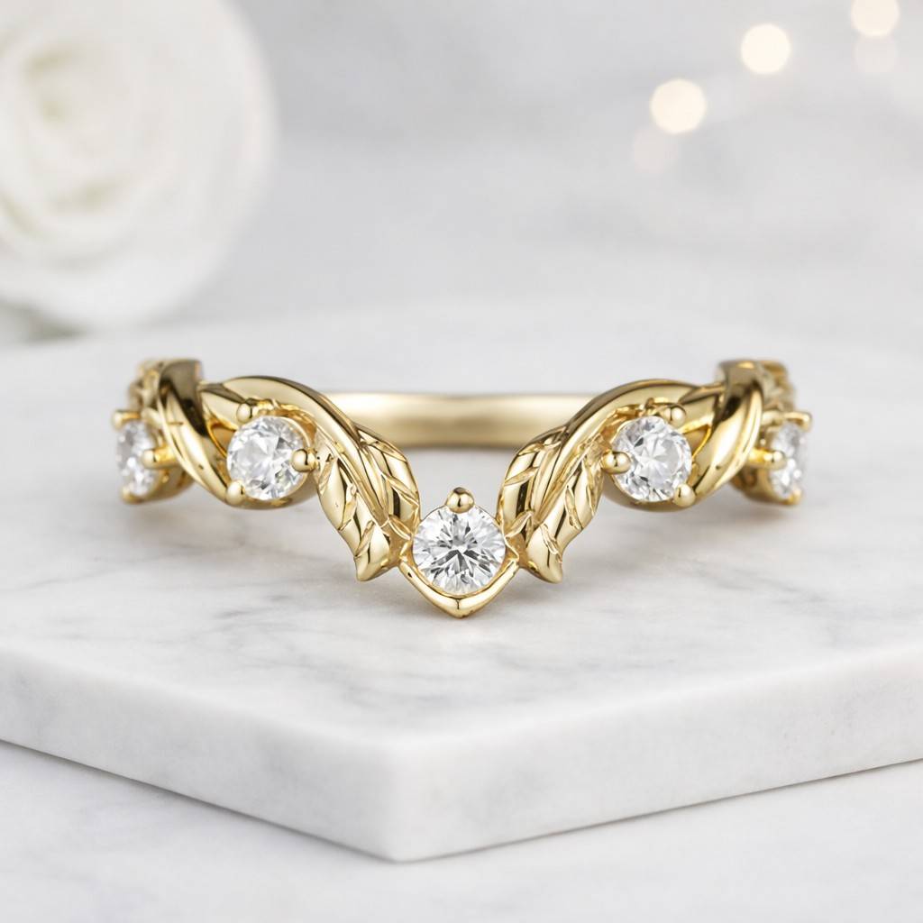nature inspired leaf wedding band round diamond curved wedding ring gold leaf engraved bridal band stacking matching ring handmade jewelry