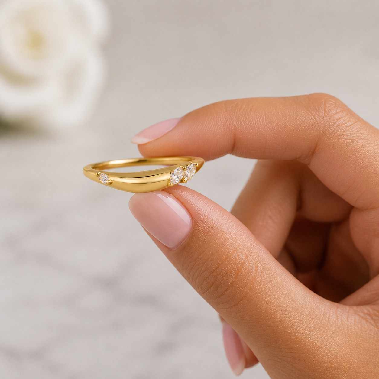 Organic Diamond Wave Ring by Caitlyn Minimalist • Curved Marquise Diamond Stacking Ring • Unique Arc Wedding Band • Anniversary Gift • RR191
