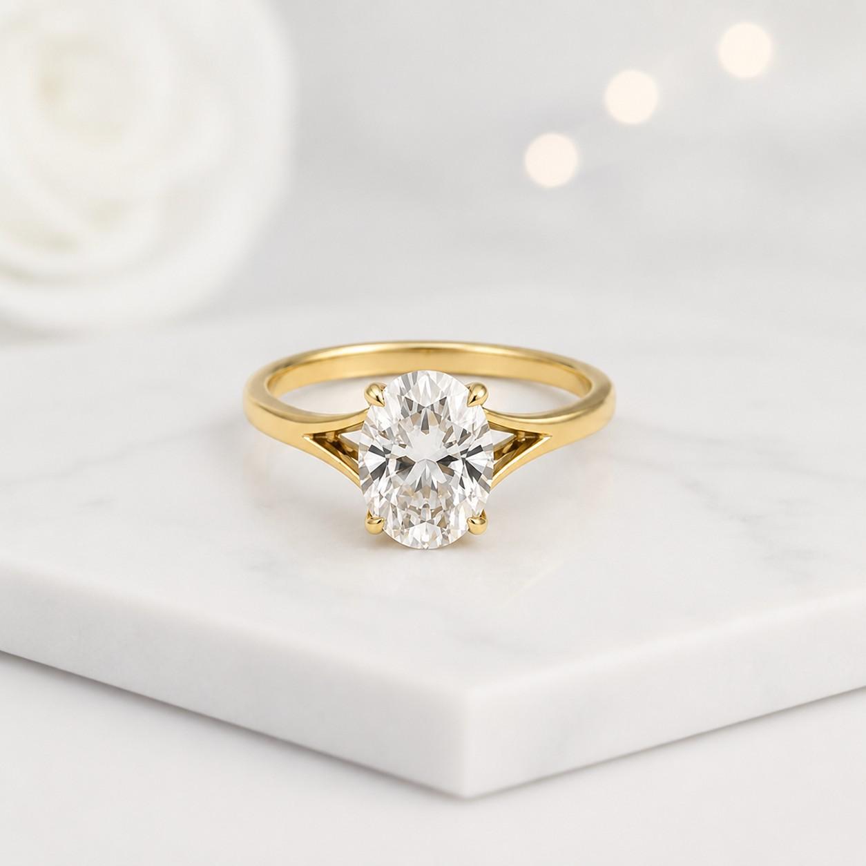 oval cut lab grown diamond ring, solitaire engagement ring, open bezel frame solitaire, split shank ring, 