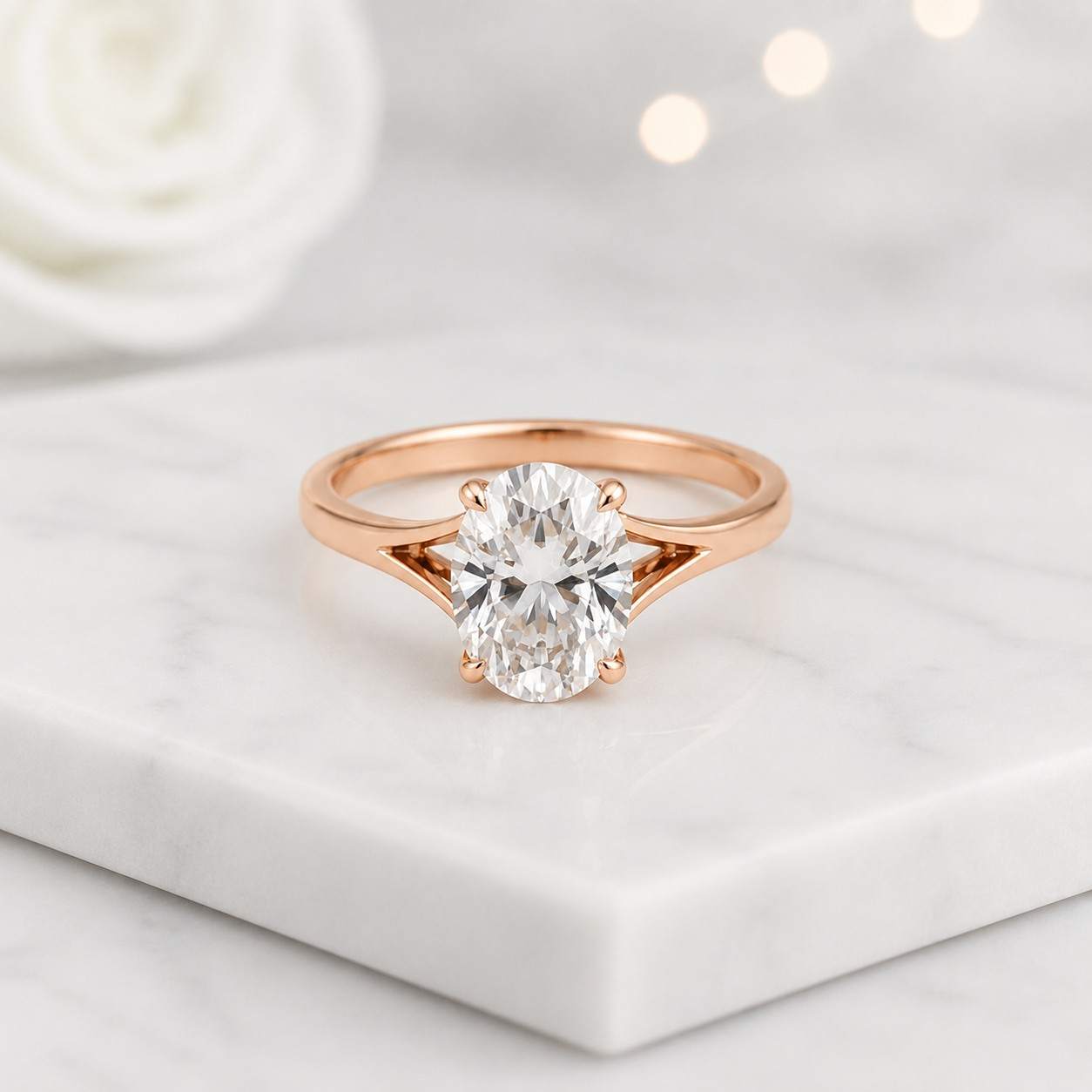 oval cut lab grown diamond tulip prong split shank solitaire engagement ring, igi certified, 14k yellow gold minimalist bridal ring