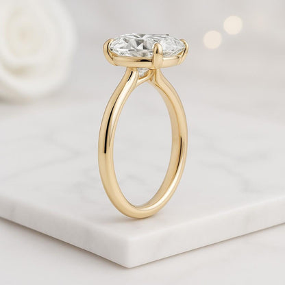 Oval Cut Moissanite Engagement Ring Hidden Halo Solitaire Plain Gold Band Wedding Gift