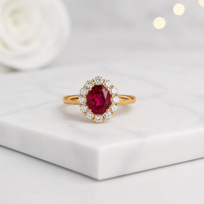 Oval Cut Red Ruby Halo Engagement Ring, Diamond Cluster Wedding Ring for Women, 14K Rose Gold Promise Ring, Vintage Anniversary Gift for Her