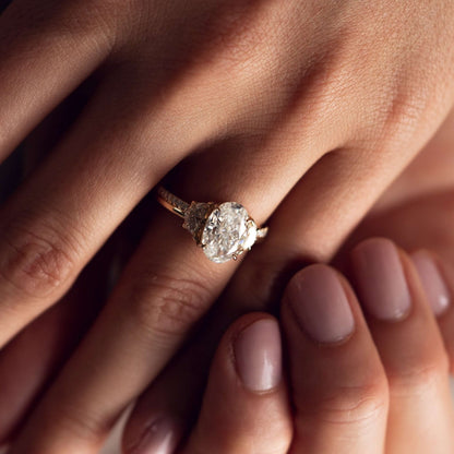 Oval Cut With Half Moon Three Diamond Ring In 14k Gold