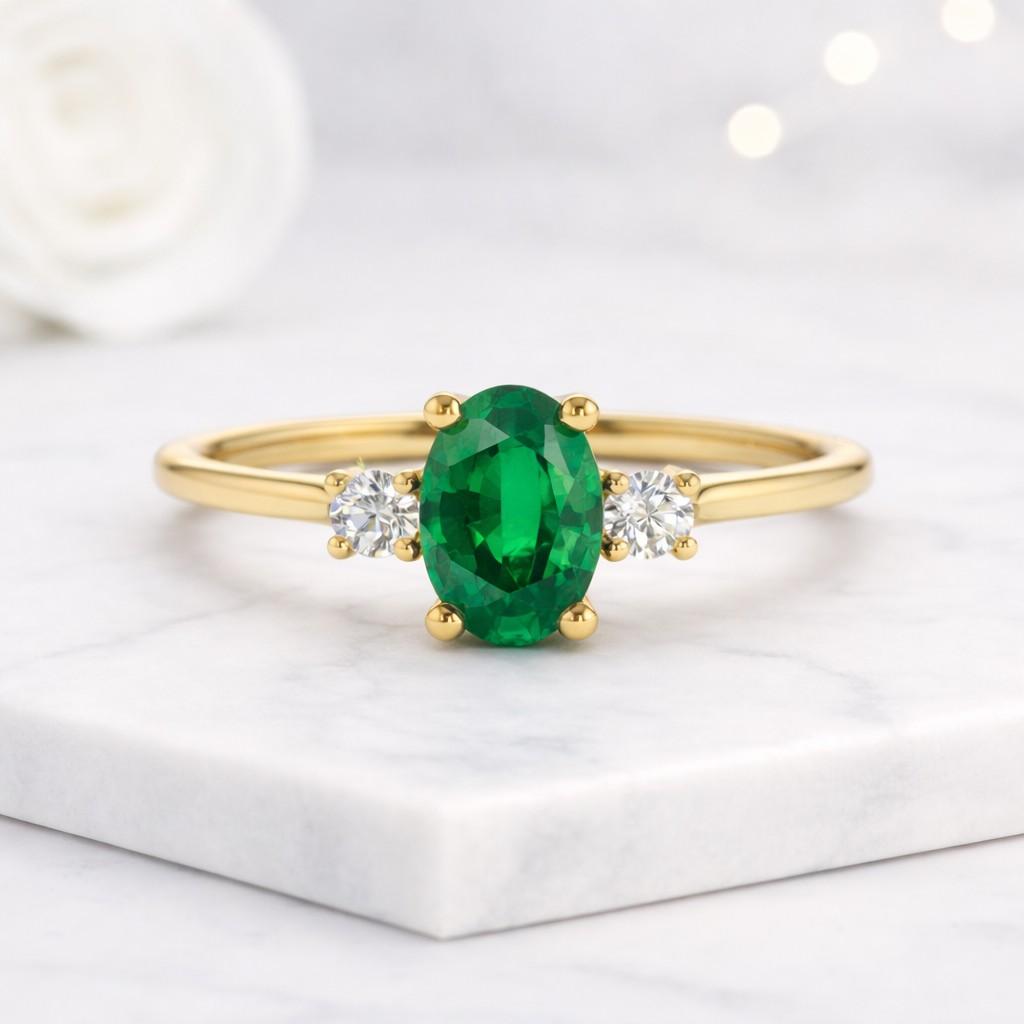 Oval Emerald ring, 2 Carats 6*8 mm Oval Three Stone Lab Simulated Emerald Engagement Ring, May Birthstone Promise Ring, Green Gemstone Ring
