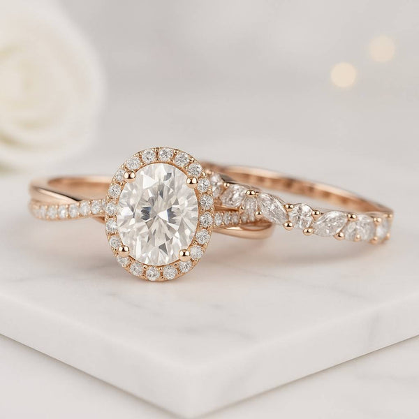 Oval Halo Ring Engagement Ring Set 2 Carat Oval Cut Bridal Set Ring Lab Grown Diamond Ring Oval Cut Wedding Matching Ring