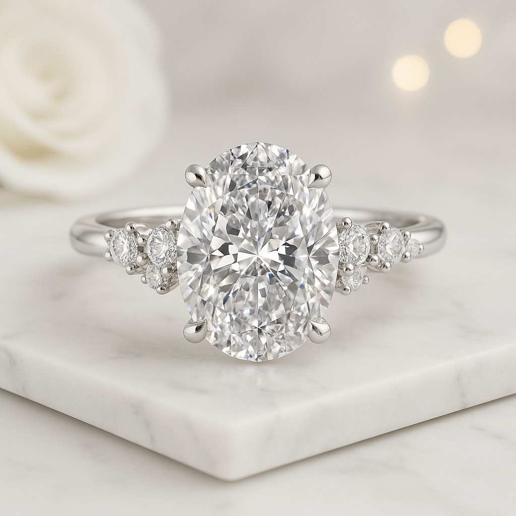 Oval Lab Grown Diamond Engagement Ring With Oval Diamond Pave Band