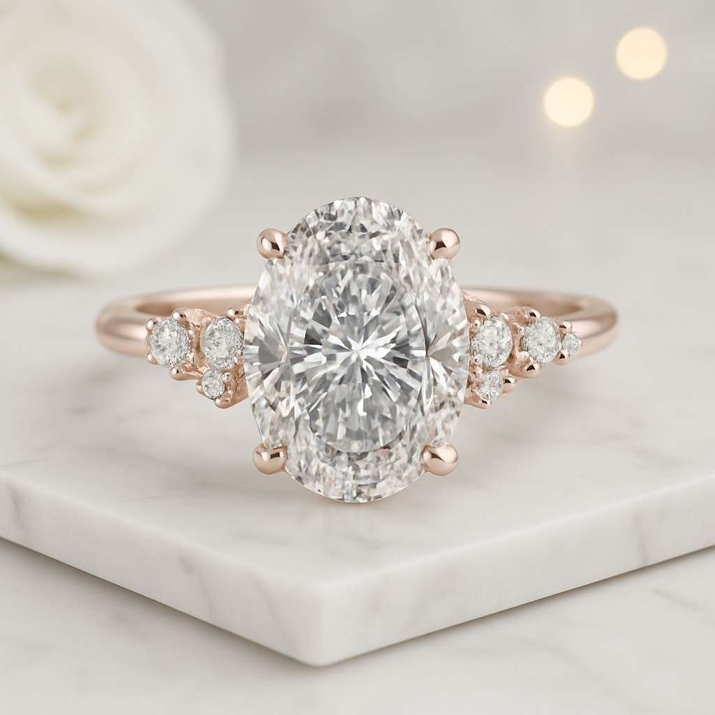 Oval Lab Grown Diamond Ring IGI Certified 14K Yellow Gold Halo Setting Accent Round Stones