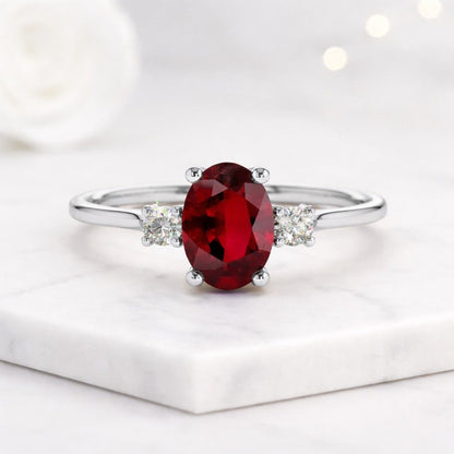 Oval Three Stone Engagement Ring, Oval Ruby Ring, Bezel Set Lab Ruby Ring, July Birthstone Promise Ring, Dainty Engagement Ring, Bridal Gift
