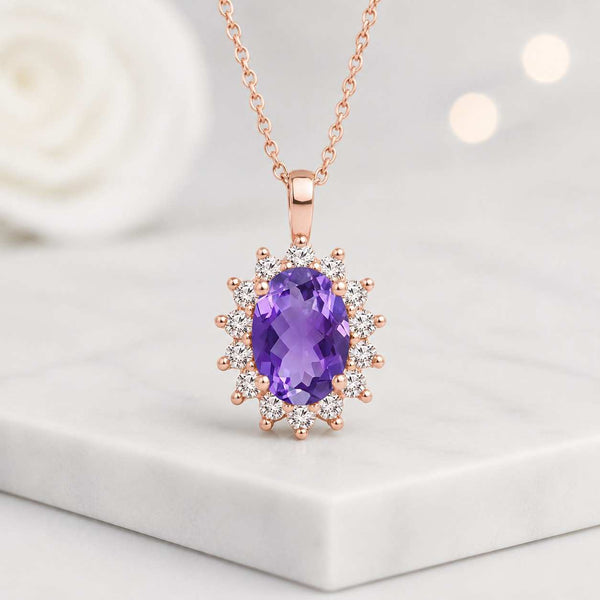 Oval Cut Natural Amethyst Halo Necklace in Solid Rose Gold, Purple Gemstone Pendant, February Birthstone Gift for Her
