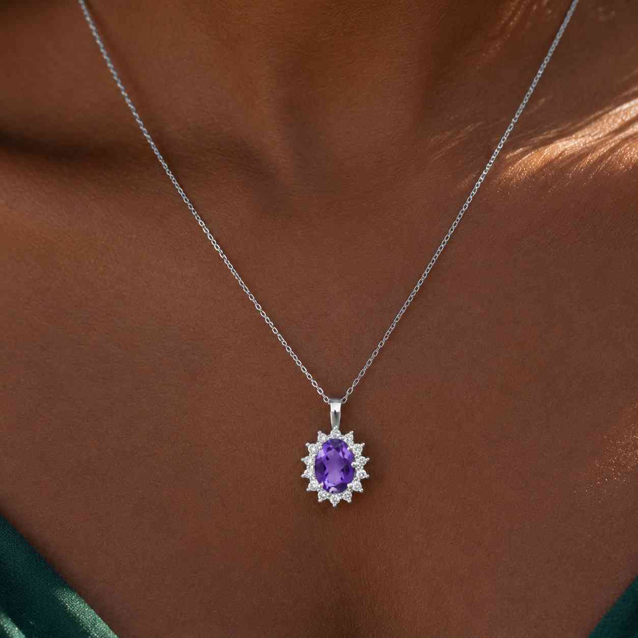 oval cut amethyst halo pendant necklace with round diamond accent