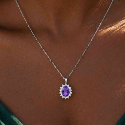Oval Cut Amethyst Halo Pendant Necklace with Round Diamond Accent