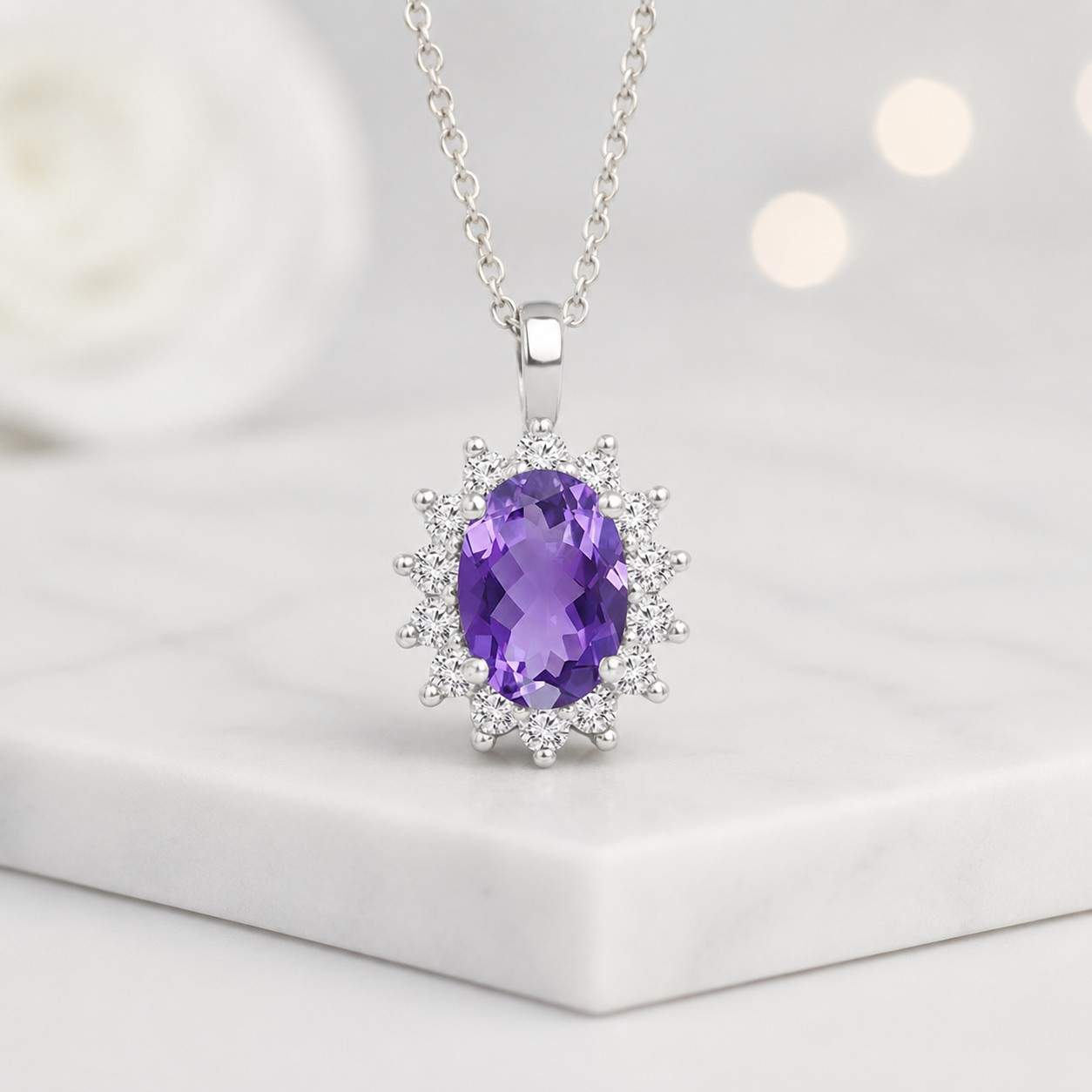oval cut amethyst halo pendant necklace with round diamond accent