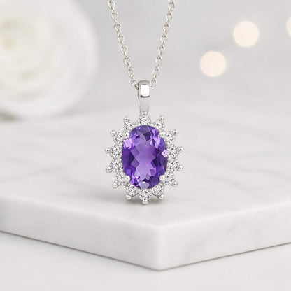 Oval Cut Amethyst Halo Pendant Necklace with Round Diamond Accent
