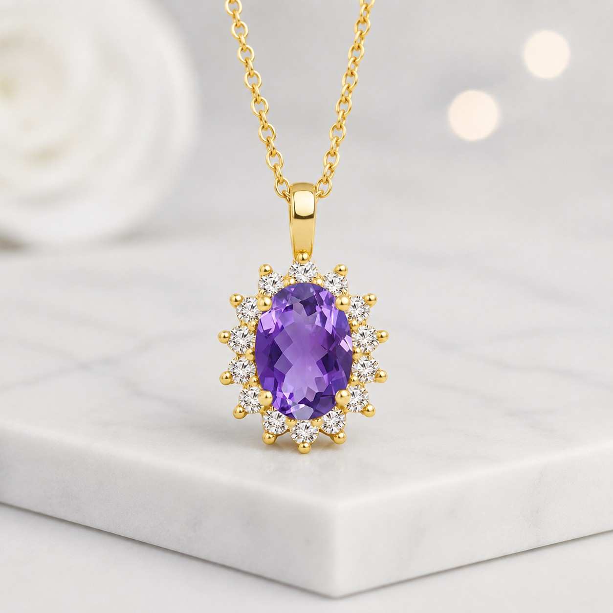 oval cut amethyst halo pendant necklace with round diamond accent