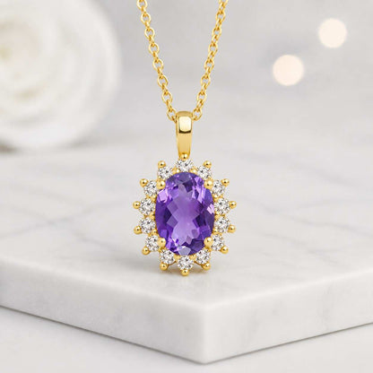 Oval Cut Amethyst Halo Pendant Necklace with Round Diamond Accent