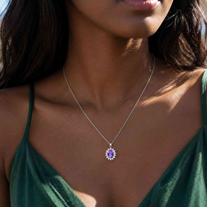 Oval Cut Amethyst Halo Pendant Necklace with Round Diamond Accent