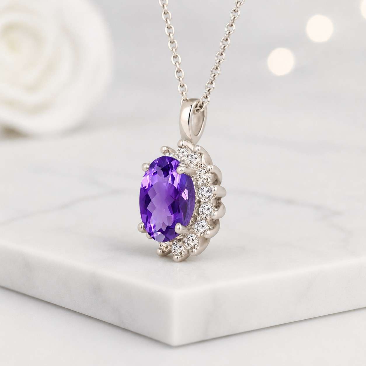 oval cut amethyst halo pendant necklace with round diamond accent