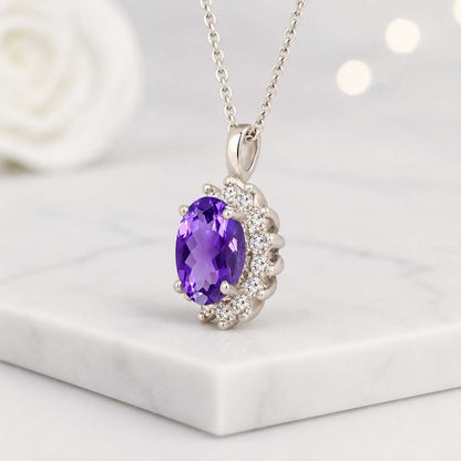 Oval Cut Amethyst Halo Pendant Necklace with Round Diamond Accent