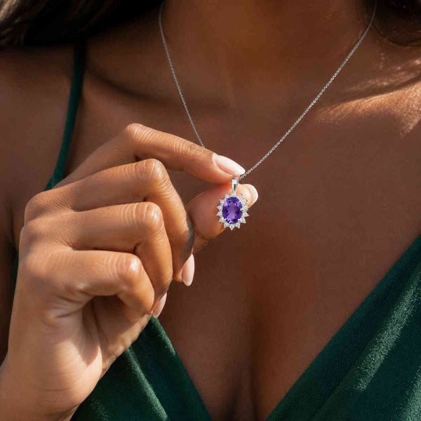 Oval Cut Natural Amethyst Halo Necklace in Solid Silver Platinum, Purple Gemstone Pendant, February Birthstone Gift for Her