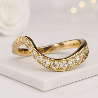 Pave Curved Wedding Band Solid Gold Stacking Ring Valentine Gifts