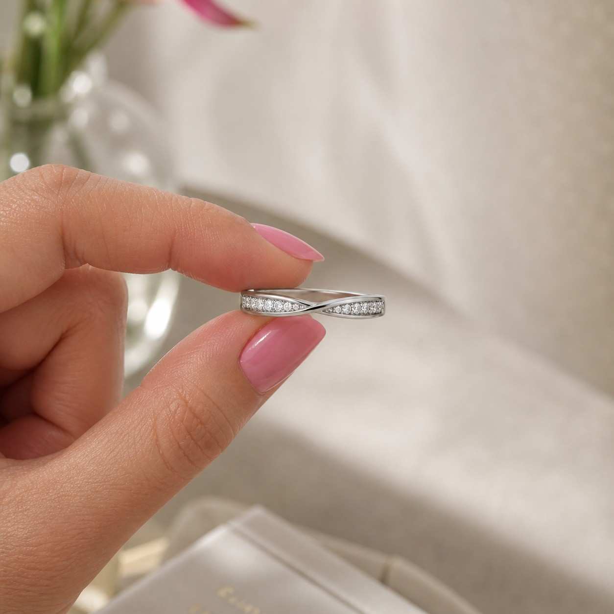 Pave Lab grown diamond wedding band Solid rose gold Twist band Vintage Twisted Minimalist Ring Half eternity Bridal Matching promise ring
