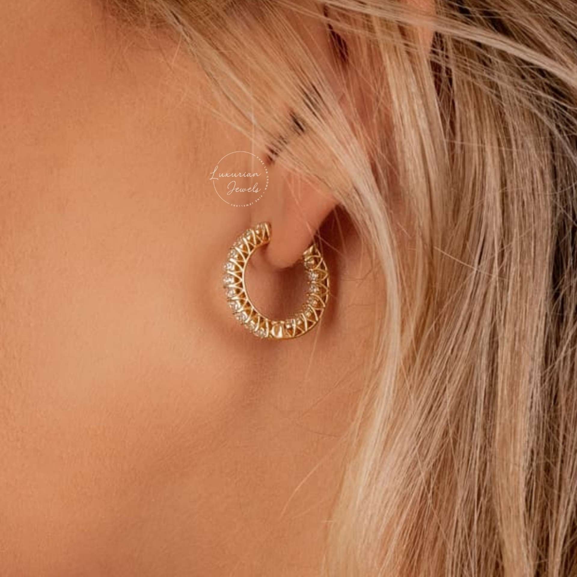 Pave hoop earrings huggie hoops 14K Gold Hoops