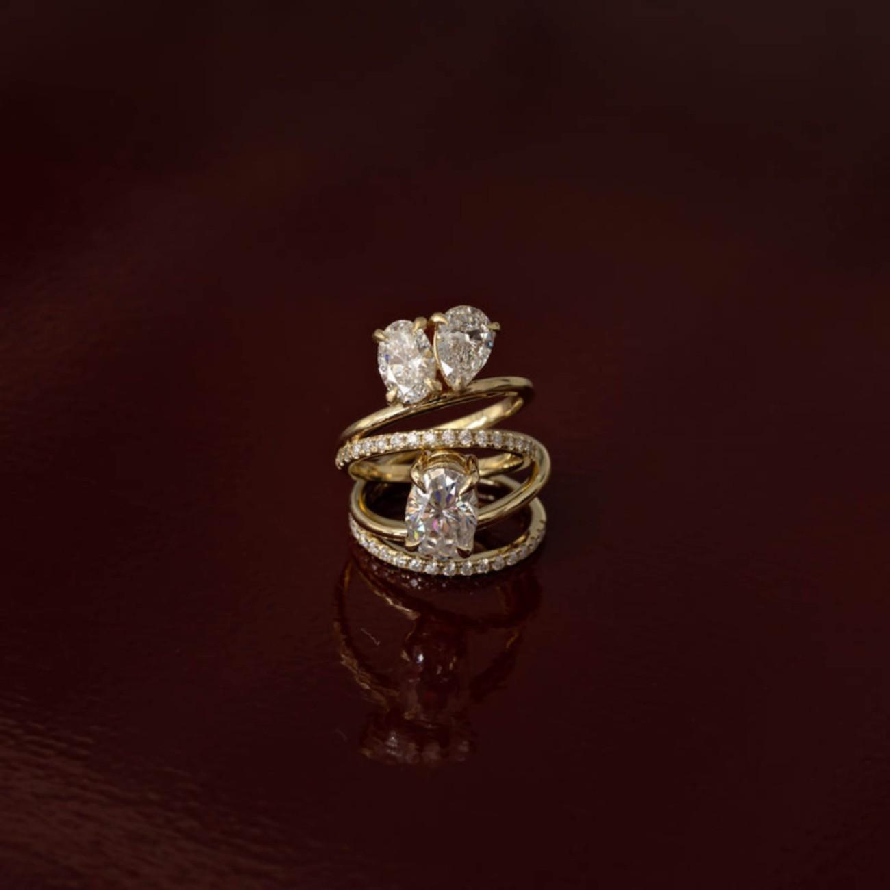 Pear Cut Moissanite Engagement Ring With Kite Accent Side Stone, Prong Set Three Diamond Gold Ring, Solitaire Promise & Bridal Ring For Her
