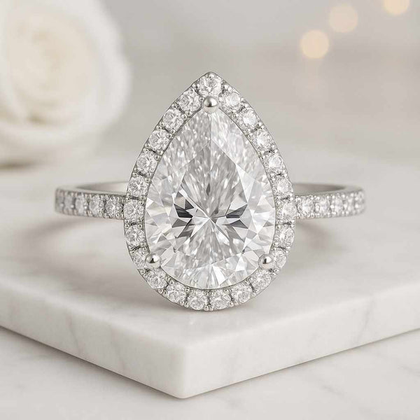 Pear Lab Grown Diamond Engagement Ring with Halo 14K Solid Gold Pave Set Side Stone Ring