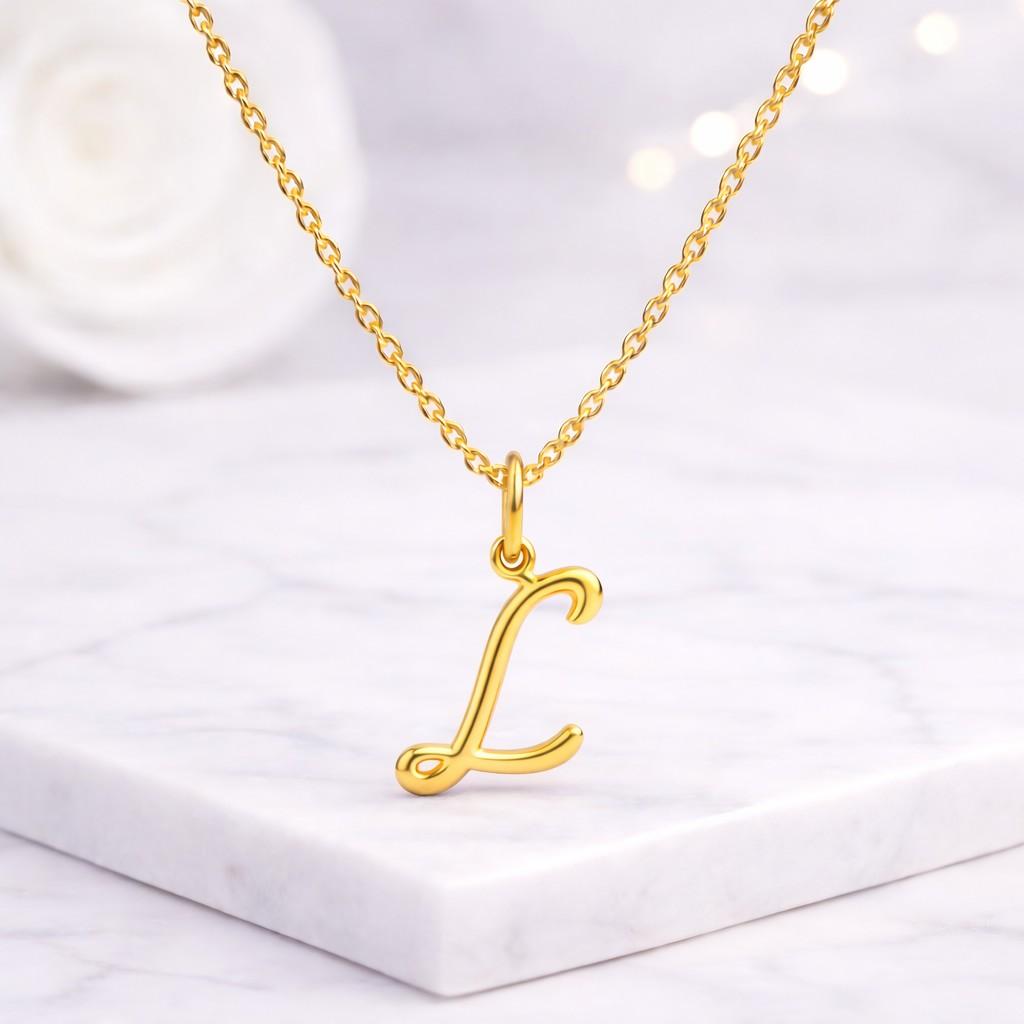 personalized cursive letter charm necklace, dainty custom letter charm