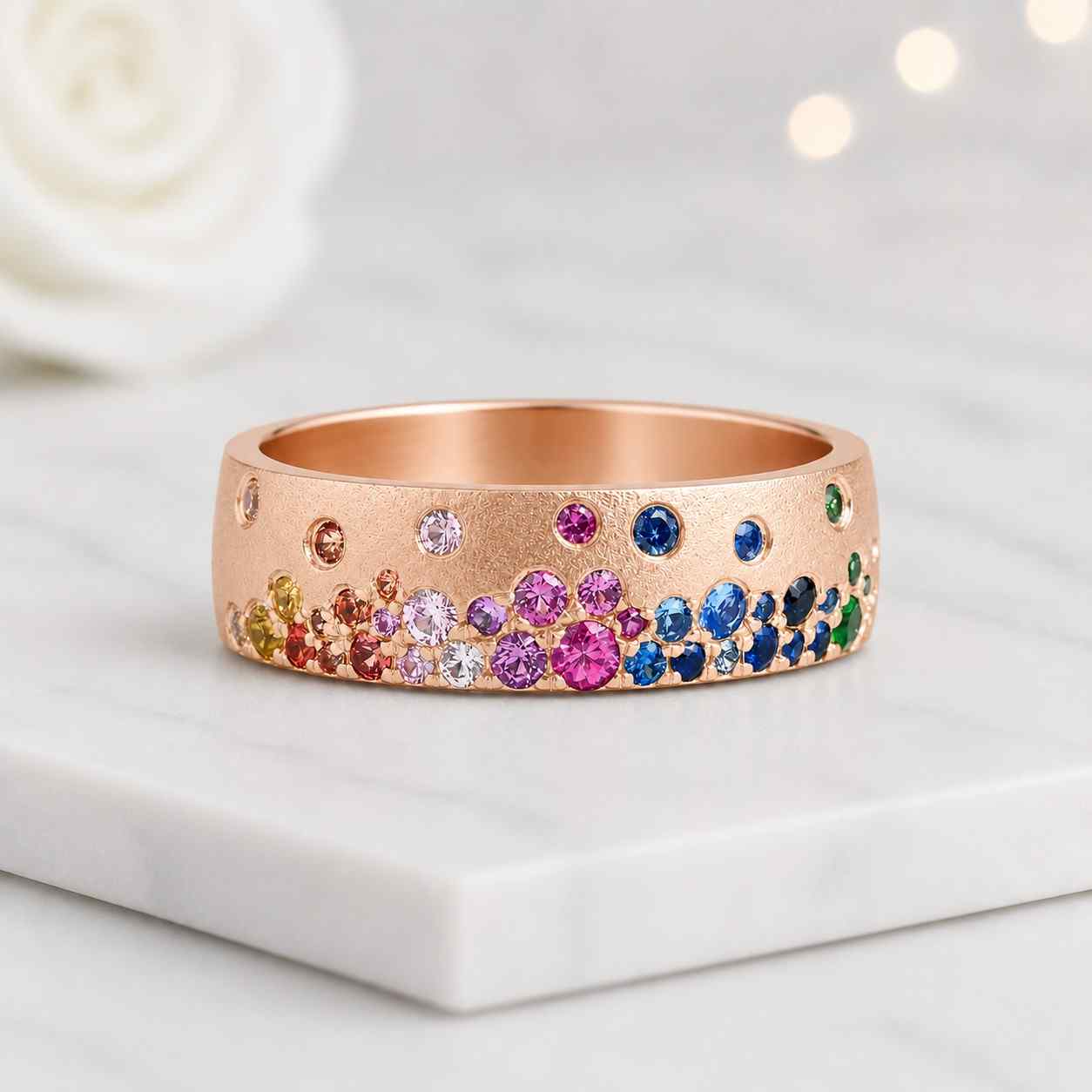 multi birthstone round cut flush set band ring