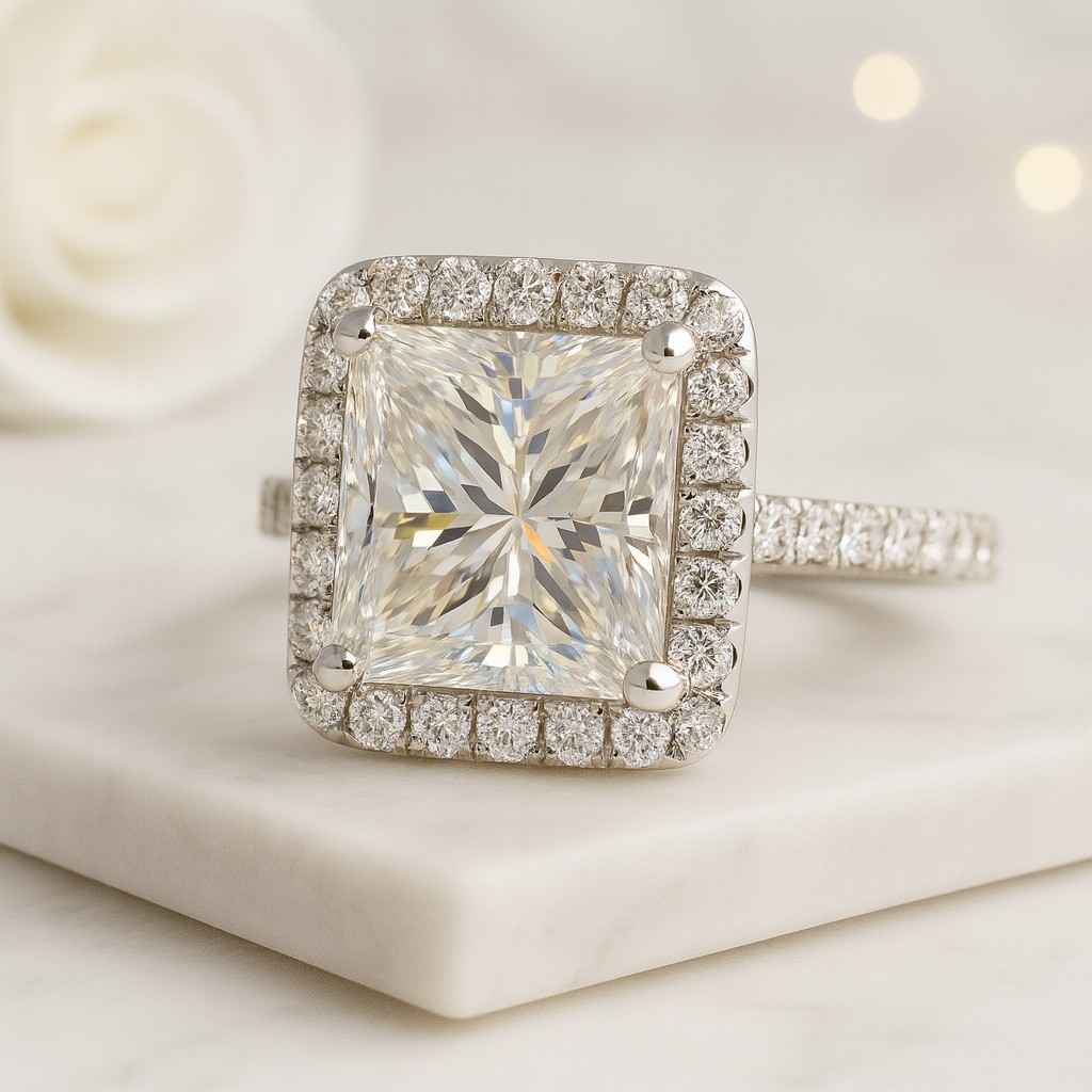 Princess Cut CZ Bridal Ring Set Platinum Plated Sterling Silver Vintage Halo Engagement Ring