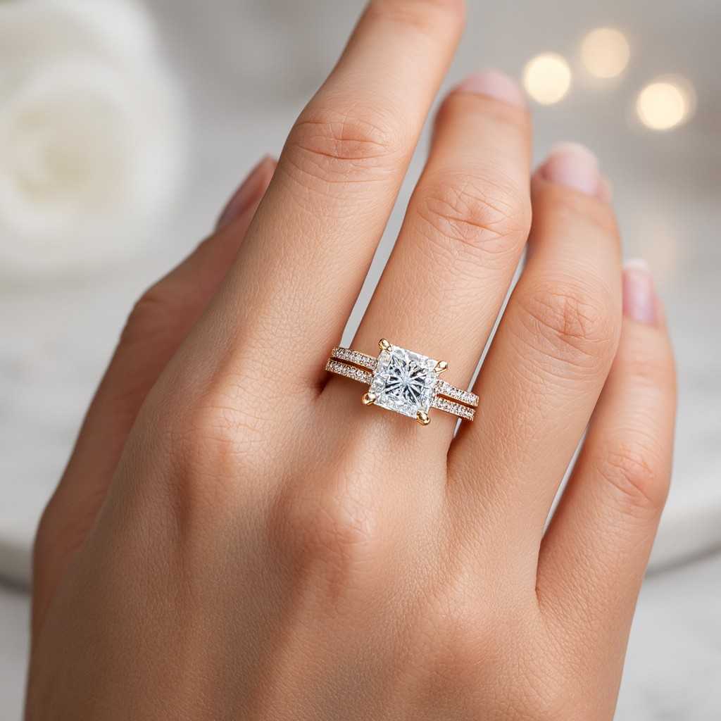 Princess Cut Diamond Ring Three Stone Engagement Ring Compass Prong Ring