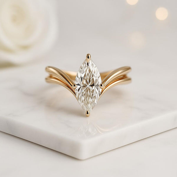 Marquise Moissanite Curved Wedding Band Vintage Yellow Gold Half Eternity Stacking Ring Unique Art deco wedding ring 
