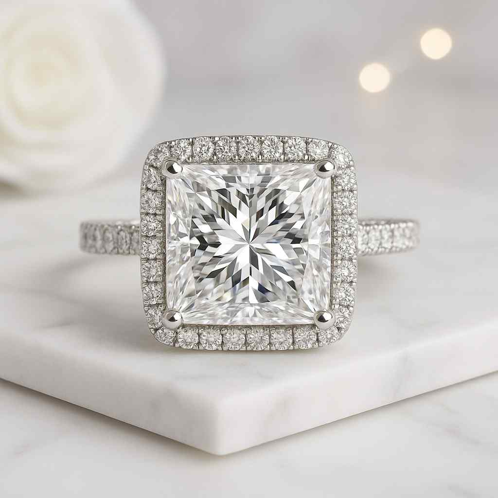 Princess Cut Moissanite Engagement Ring Halo Wedding Ring Princess Halo Ring Anniversary Gift Ring for Women