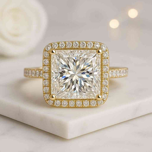 Princess Lab Grown Diamond Engagement Ring Halo  14K Solid Gold Pave Side Stone Ring