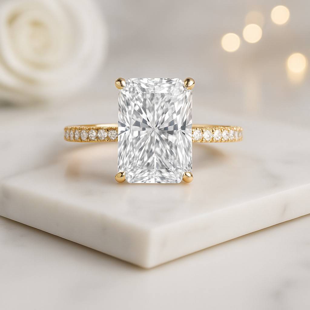 radiant cut lab grown diamond halo engagement ring pave set halo set radiant cut moissanite diamond ring