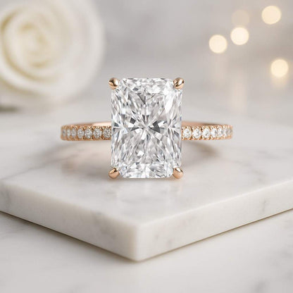 Radiant Moissanite Engagement Ring 14K Solid Gold Pave Set Side Stone Ring  Promise Ring