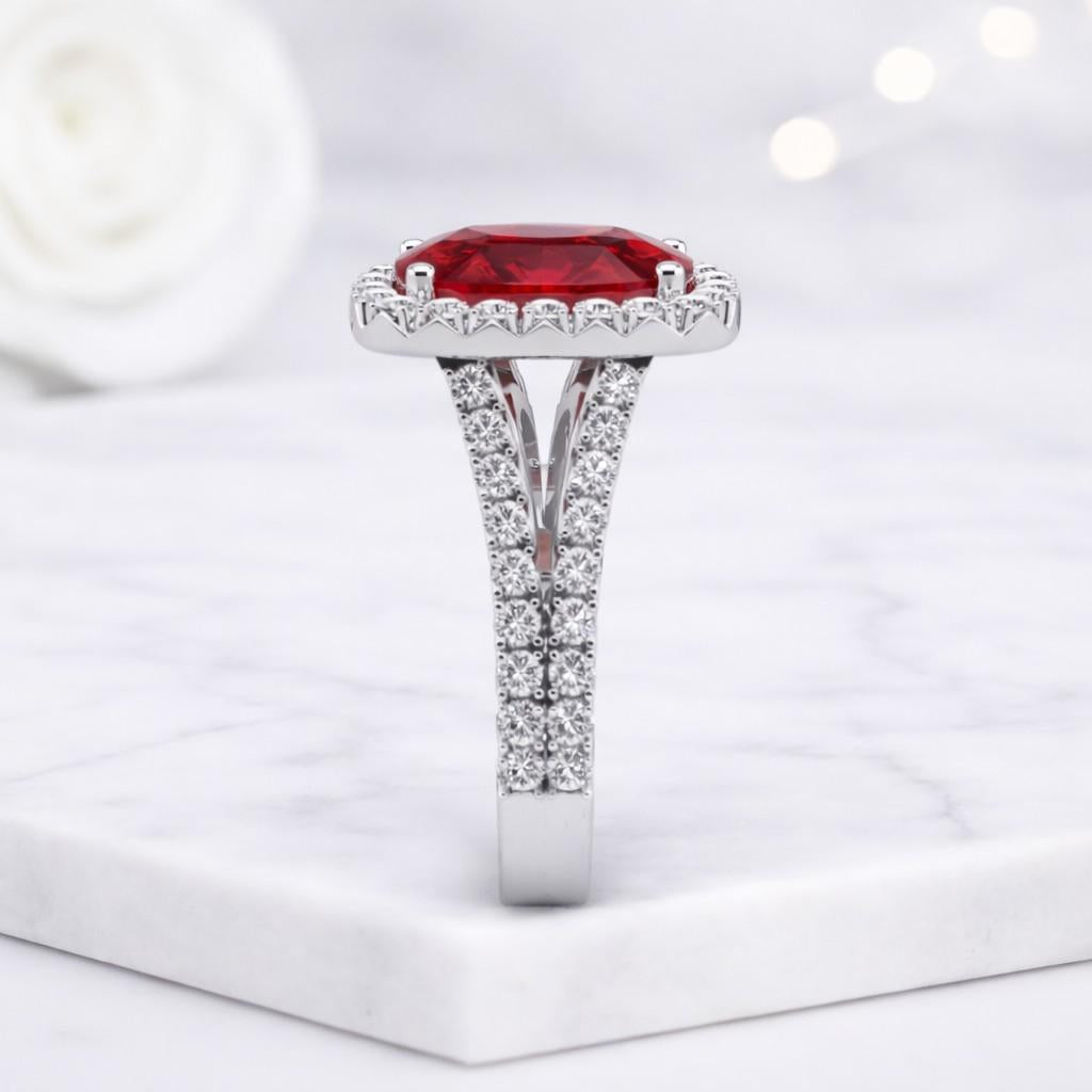 Red Cushion Ring Ruby Halo Ring Round Diamond Ring Split Shank Style