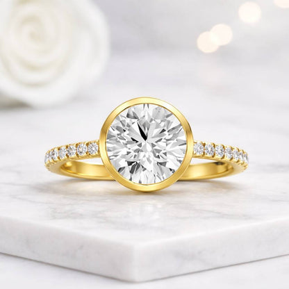 Round Lab Grown Diamond Engagement Ring 0.50 CT Bezel Set Pave Band White Gold