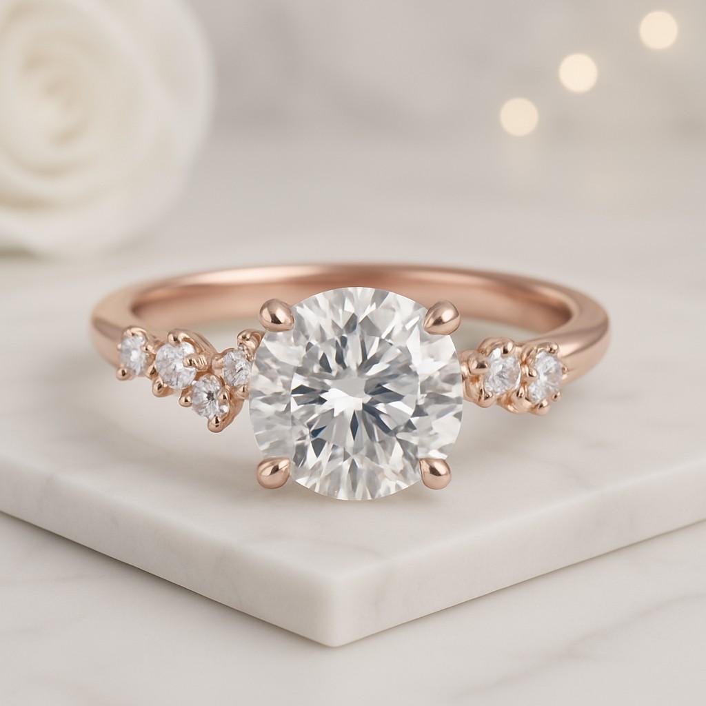 Round Brilliant Cut Lab Grown Diamond Engagement Ring Hidden Halo Solitaire Ring Dainty Pave Band